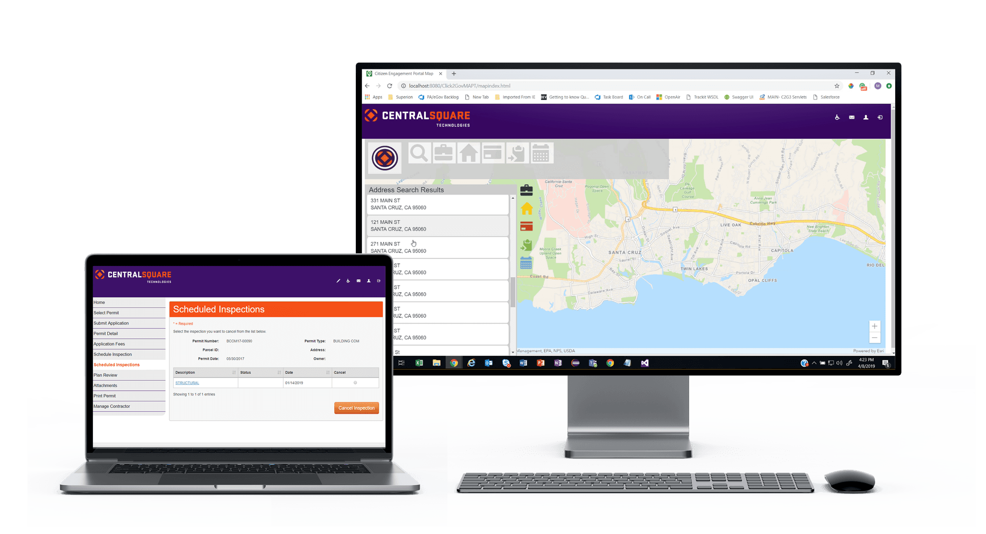 A mockup on Citizen Engagement Software on a laptop and desktop.
