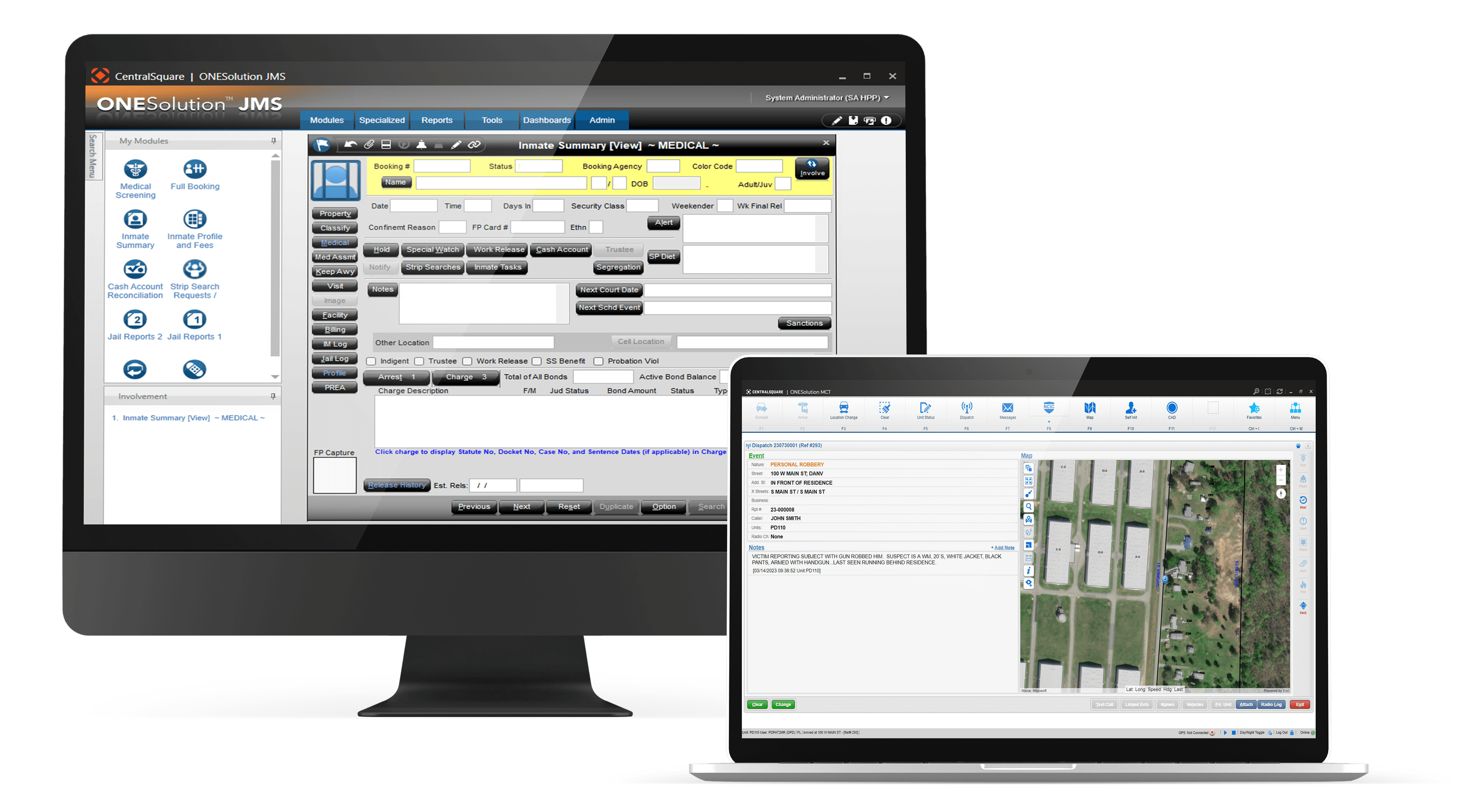A screenshot of two computers running CentralSquare's ONESolution suite of public safety software.